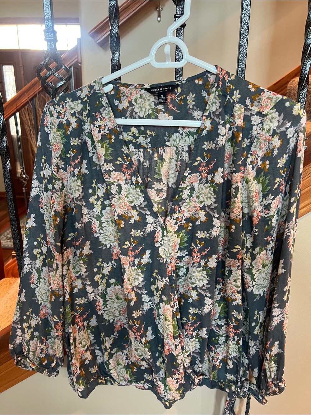 Lucky Brand Floral V-Neck Blouse in Dark Gray with Pink & Cream Accents